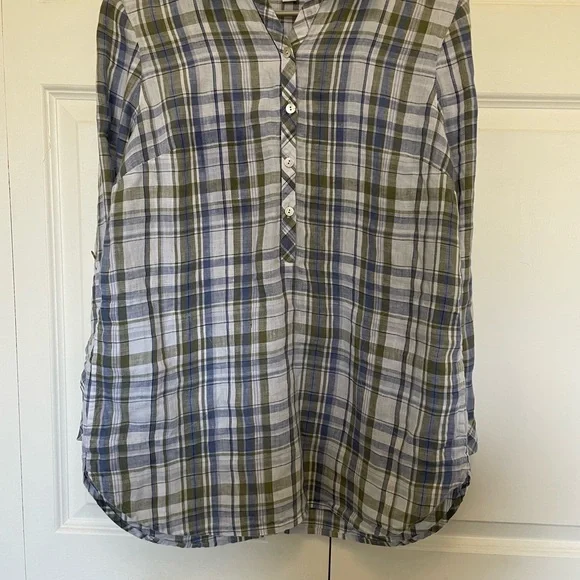 J. Jill Love Linen Blue and Green Plaid Linen Shirt with Pockets | Petite Small - Picture 6 of 12